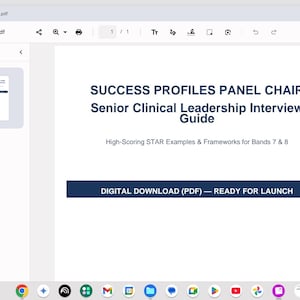 Peut inclure: Un document numérique intitulé SUCCESS PROFILES PANEL CHAIR Senior Clinical Leadership Interview Guide. Il comprend le sous-titre High-Scoring STAR Examples & Frameworks for Bands 7 & 8 et une bannière bleu foncé indiquant DIGITAL DOWNLOAD (PDF) — READY FOR LAUNCH.