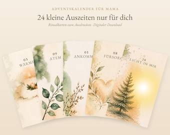 Puede incluir: Un conjunto de tarjetas rectangulares con ilustraciones en acuarela de una vela, hojas, un corazón y un pino. El texto dice: ADVENTSKALENDER FÜR MAMA, 24 kleine Auszeiten nur für dich, Ritualkarten zum Ausdrucken - Digitaler Download.