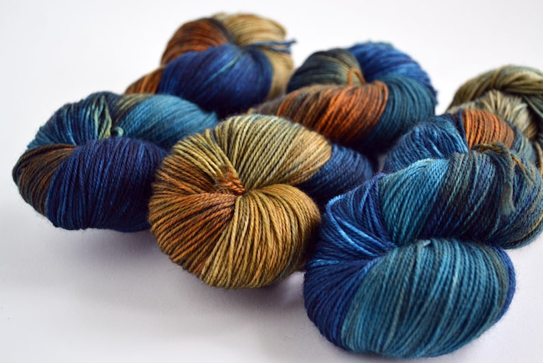 sw merino cashmere nylon fingering dk worsted Hand dyed yarn pick your base Cobalt /& Rust
