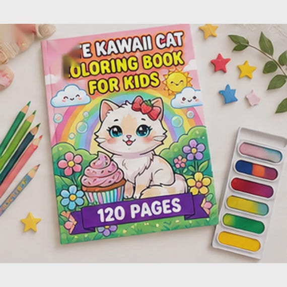 White Cat Coloring Pages for Children, Kawaii Kitten Book, 120 Sheets, Quiet Time Activity