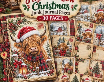 Festive Highland Cow Printable Papers, Junk Journal Kit, Snowy Farmhouse Art, 30 Pages