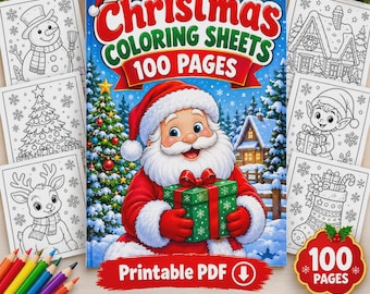 Christmas Coloring Sheets for All Ages, 100 Page Printable PDF, Santa and Snowmen