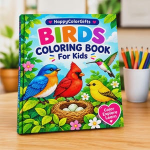 May include: A Birds Coloring Book for Kids by HappyColorGifts featuring a blue bird, a red cardinal, a yellow bird, and a hummingbird on the cover. The illustration includes a bird nest with eggs, green leaves, and flowers with the text Color Explore Learn.