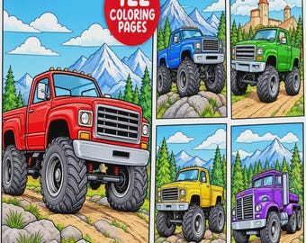 Monster Truck Coloring Pages for Kids, 122 Designs, Oversized Tires, Mountain Scenes