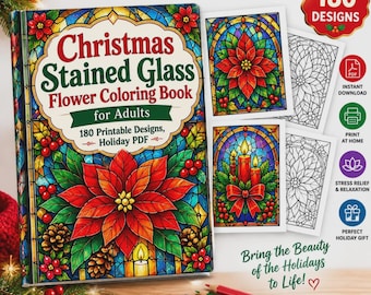 Christmas Stained Glass Coloring Book Adults, 180 Printable Pages, Poinsettia PDF, Instant Download