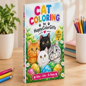 May include: A softcover coloring book titled CAT COLORING to HappyColorGifts featuring an illustration of four cats in a grassy field with colorful Easter eggs. The cover displays the text 35 Coloring Pages and Relax Color Be Happy.
