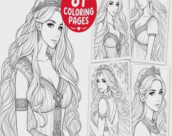 Greek Princess Coloring Pages, 61 Royal Portraits, Detailed Line Art, Fantasy Coloring
