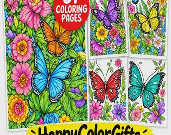Butterfly Coloring Pages with Flowers, 51 Designs, Garden Scenes, Detailed Wings