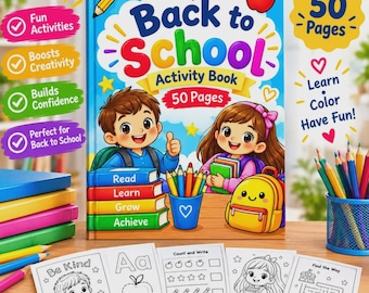 Kids Back to School Activity Workbook, Colouring Pages, Pencil Practice, Classroom Fun