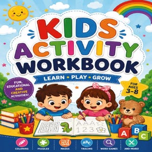 May include: A colorful kids activity workbook cover featuring a boy and girl drawing in an open book. The title reads KIDS ACTIVITY WORKBOOK LEARN PLAY GROW. Includes illustrations of a sun, rainbow, teddy bear, pencils, and blocks with letters A, B, C.
