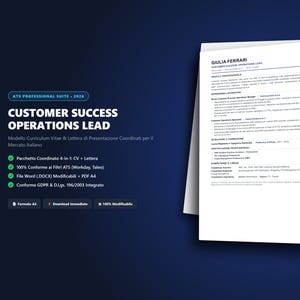 Könnte beinhalten: Eine professionelle Lebenslaufvorlage mit dem Titel Customer Success Operations Lead und dem Branding ATS Professional Suite 2026. Das Dokument enthält Abschnitte für Berufsprofil, Arbeitserfahrung, Ausbildung, Zertifizierungen und Fähigkeiten.