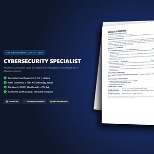 May include: A professional resume template for a cybersecurity specialist, featuring a white document with black text on a dark blue background. The layout includes sections for professional profile, work experience, education, and certifications.