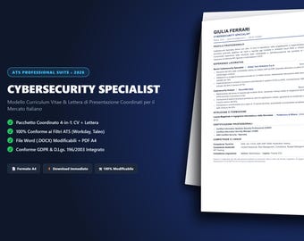 Könnte beinhalten: Eine professionelle Lebenslaufvorlage für einen Cybersicherheitsspezialisten, bestehend aus einem weißen Dokument mit schwarzem Text auf dunkelblauem Hintergrund. Das Layout enthält Abschnitte für Profil, Berufserfahrung und Ausbildung.