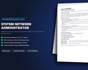 Könnte beinhalten: Eine professionelle Lebenslaufvorlage für einen System- und Netzwerkadministrator, bestehend aus einem weißen Dokument mit schwarzem Text auf dunkelblauem Hintergrund. Das Layout enthält Abschnitte für Profil, Erfahrung und Zertifikate.