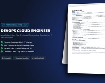 Op de afbeelding: Een professioneel cv-sjabloon voor een DevOps Cloud Engineer, met de naam Elena Ricci bovenaan. Het document bevat secties voor professioneel profiel, werkervaring, opleiding, certificeringen en vaardigheden, gepresenteerd in een strak, wit A4-formaat.