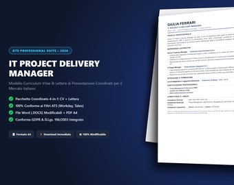 Könnte beinhalten: Eine digitale Lebenslaufvorlage mit dem Titel IT Project Delivery Manager und dem Branding ATS Professional Suite 2026. Das Dokument hat ein weißes A4-Layout mit schwarzem Text und enthält Abschnitte für Profil, Berufserfahrung und Zertifikate.