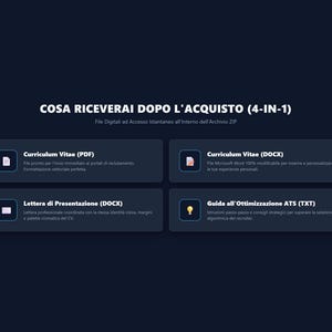 K&ouml;nnte beinhalten: Eine digitale Informationsgrafik auf dunkelblauem Hintergrund mit dem Titel COSA RICEVERAI DOPO L'ACQUISTO (4-IN-1). Sie listet vier Elemente auf: Curriculum Vitae (PDF), Curriculum Vitae (DOCX), Lettera di Presentazione (DOCX) und Guida all'Ottimizzazione ATS (TXT).