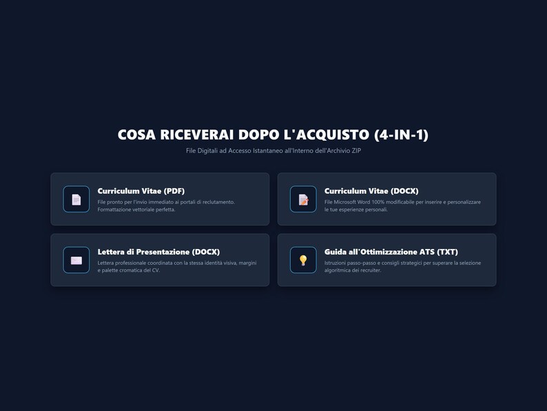 K&ouml;nnte beinhalten: Eine digitale Informationsgrafik auf dunkelblauem Hintergrund mit dem Titel COSA RICEVERAI DOPO L'ACQUISTO (4-IN-1). Sie listet vier Elemente auf: Curriculum Vitae (PDF), Curriculum Vitae (DOCX), Lettera di Presentazione (DOCX) und Guida all'Ottimizzazione ATS (TXT).