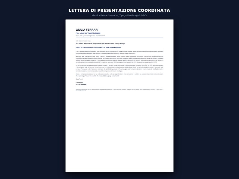 K&ouml;nnte beinhalten: Ein wei&szlig;es A4-Dokument mit dem Titel LETTERA DI PRESENTAZIONE COORDINATA, das ein professionelles Anschreiben f&uuml;r eine Full-Stack-Softwareentwicklerin namens Giulia Ferrari enth&auml;lt. Der Text ist in Schwarz mit blauen Akzenten gedruckt.