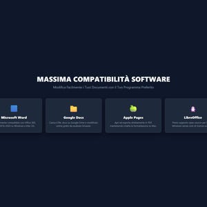 K&ouml;nnte beinhalten: Eine dunkelblaue Grafik mit dem Titel MASSIMA COMPATIBILIT&Agrave; SOFTWARE, die vier rechteckige Karten zeigt. Jede Karte f&uuml;hrt ein Softwareprogramm auf: Microsoft Word, Google Docs, Apple Pages und LibreOffice, jeweils mit den zugeh&ouml;rigen Symbolen.