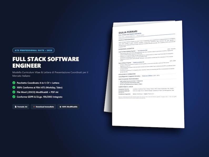 K&ouml;nnte beinhalten: Eine digitale Lebenslaufvorlage f&uuml;r einen Full-Stack-Softwareentwickler, bestehend aus einem wei&szlig;en A4-Dokument mit schwarzem Text, &Uuml;berschriften und Aufz&auml;hlungspunkten. Das Layout enth&auml;lt Abschnitte f&uuml;r Profil, Berufserfahrung und F&auml;higkeiten.
