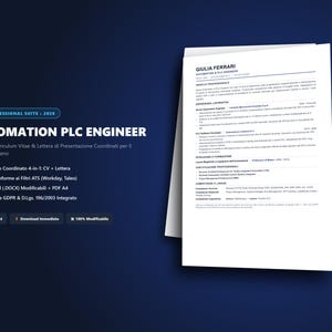 Puede incluir: Una plantilla de currículum profesional para ingeniero de automatización PLC, que muestra un documento A4 blanco con texto negro sobre un fondo azul oscuro. El diseño incluye secciones para perfil, experiencia laboral, educación y certificaciones.