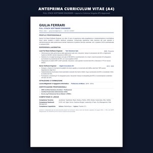K&ouml;nnte beinhalten: Eine einspaltige A4-Lebenslaufvorlage f&uuml;r einen Full-Stack-Softwareentwickler namens Giulia Ferrari. Das Dokument enth&auml;lt Abschnitte f&uuml;r das berufliche Profil, Berufserfahrung, Ausbildung, Zertifizierungen und technische F&auml;higkeiten.
