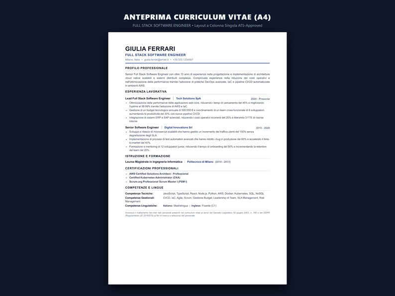 K&ouml;nnte beinhalten: Eine einspaltige A4-Lebenslaufvorlage f&uuml;r einen Full-Stack-Softwareentwickler namens Giulia Ferrari. Das Dokument enth&auml;lt Abschnitte f&uuml;r das berufliche Profil, Berufserfahrung, Ausbildung, Zertifizierungen und technische F&auml;higkeiten.