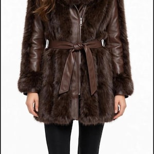 Dark Brown Faux Fur Coat, Long Hooded Winter Jacket with Belt