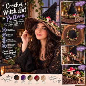 May include: A crochet witch hat pattern in PDF format featuring a black pointed crown and a wide brown brim decorated with green foliage and small red and white mushrooms. The design includes a step-by-step tutorial for creating the hat.