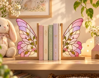 Pink Butterfly Wing Bookends, Floral Cottagecore Bookshelf Decor (Set of 2)