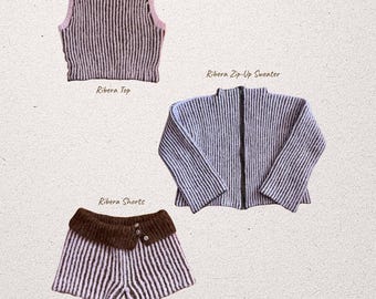 May include: A collection of knitted garments including a sleeveless Ribera Top with pink trim, a long-sleeve Ribera Zip-Up Sweater, and Ribera Shorts with a dark brown waistband and two buttons. The text ALYA LOOPS Handmade with love is visible.