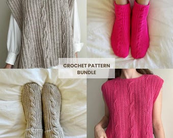 May include: A crochet pattern bundle featuring a beige cable knit sweater vest, a pink cable knit sweater vest, and two pairs of cable knit socks in beige and bright pink. The text CROCHET PATTERN BUNDLE is centered in the middle of the image.