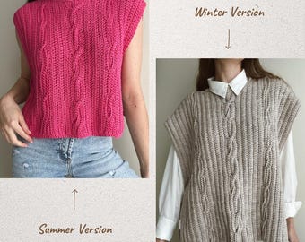 May include: A sleeveless knit vest with a cable knit pattern. The left side shows a bright pink version, while the right side shows a beige version layered over a white collared shirt. Text labels read Summer Version and Winter Version.