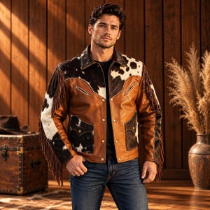 Men's Western Fringe Leather Jacket, Brown Hair-On Cowhide Panels