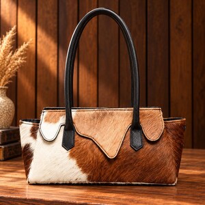 Cowhide Shoulder Bag, Brown & White Hair-On Hide Leather Handbag