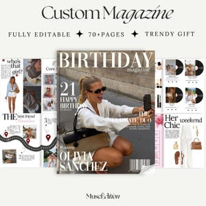 Puede incluir: Una plantilla de revista de cumpleaños personalizable con más de 70 páginas editables. La portada muestra a una persona con un teléfono y el texto "BIRTHDAY magazine", "21 HAPPY BIRTHDAY" y "OLIVIA SANCHEZ". Las páginas interiores incluyen collages de fotos, líneas de tiempo y gráficos de moda.