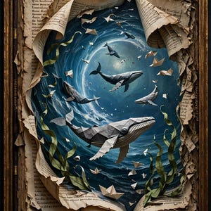 May include: A framed artwork featuring an open book with weathered, yellowed pages. The center depicts a deep blue ocean scene with several origami-style whales swimming amidst paper boats and green seaweed illustrations.