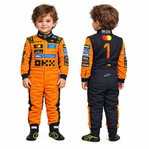 May include: A McLaren Formula 1 racing suit in orange and black. The front features sponsor logos including Android, Cisco, Dell Technologies, and OKX. The back displays the number 1 in orange, a Mastercard logo, and the Alpinestars brand emblem.
