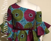 AYAAMA African Print One -Shoulder Cold Shoulder Peplum Top. Obi Sash. Handmade. Women.