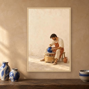 May include: A framed wall art print depicting a person wearing a white shirt and brown apron, sitting on a wooden stool while shaping a blue ceramic vessel on a pottery wheel. The scene includes a small brown pitcher on the floor nearby.