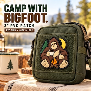 Bigfoot Camping PVC Patch 3 Inch, Funny Forest Monster Campfire Coffee Tactical Morale Patch, Hook and Loop Backpack Bag Jacket Accessory