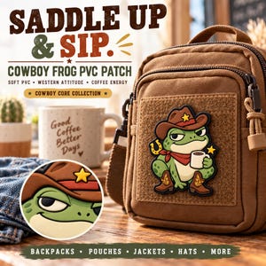 Cowboy Frog Coffee PVC Patch, Western Toad Morale Patch, Funny Caffeine Tactical Badge for Backpack Jacket Hat, Hook and Loop 3 Inch Gift
