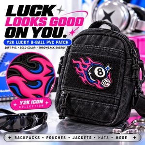 Y2K Lucky 8 Ball PVC Patch, Pink Flame Dice Hook and Loop Morale Badge, 3 Inch Cyber Streetwear Backpack Bag Jacket Emblem, Retro 2000s Gift