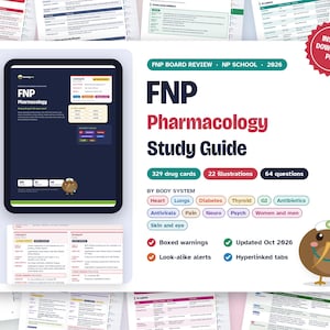 May include: FNP Pharmacology Study Guide 2026 digital document featuring a dark blue cover with a kiwi mascot, 329 drug cards, 22 illustrations, and 64 questions. Includes body system categories like Heart, Lungs, and Diabetes with checkmarks.