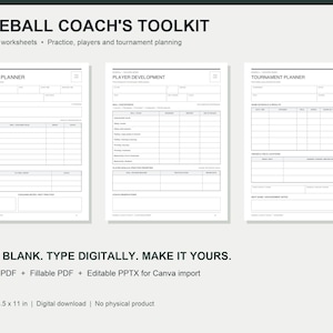 Op de afbeelding: Een honkbalcoach-toolkit met negen herbruikbare werkbladen voor het plannen van trainingen, spelers en toernooien, inclusief sjablonen voor Practice Planner, Player Development en Tournament Planner in 21,59 x 27,94 cm formaat.