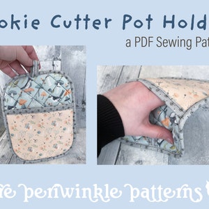 以下が含まれることがあります： クッキーカッター型の鍋つかみのPDF縫製パターンです。鍋つかみは、鳥とキノコのプリントが施された生地で作られています。パターンは「pure periwinkle patterns」から入手できます。