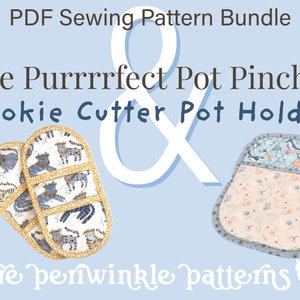 May include: PDF sewing pattern bundle for a pot holder and a pair of pot pinchers. The pot holder is a light pink with a floral pattern and a blue and white geometric pattern. The pot pinchers are white with a blue and gold cat pattern. The text "The Purrrrfect Pot Pincher & Cookie Cutter Pot Holder" is at the top of the image. The text "pure periwinkle patterns" is at the bottom of the image.