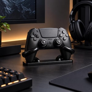 May include: A black wireless video game controller resting on a matching black horizontal stand. The controller features a central PlayStation logo, dual analogue sticks, a directional pad, and four action buttons on the right side of the device.