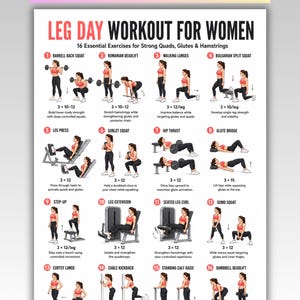 Könnte beinhalten: Ein digitales Trainingsposter mit dem Titel LEG DAY WORKOUT FOR WOMEN und dem Text US LETTER | A4 INSTANT DOWNLOAD oben. Es enthält 16 nummerierte Übungsillustrationen mit Anleitungen, die eine Person in roter Kleidung zeigen.